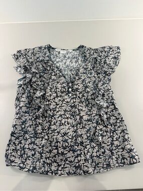 Veronica Beard Navy and White Flutter-Sleeve Printed Top Joi Batik Print Top